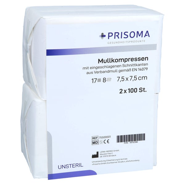 Mullkompressen Prisoma 7,5x7,5 cm unster 2X100 St