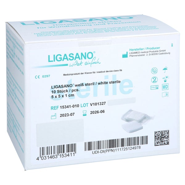 Ligasano Weiß Verband 1x5x5 Cm Steril 10 St